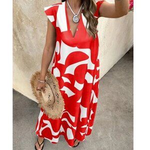 Abstract Geo Print Cap Sleeve V neck Flowy Maxi Dress